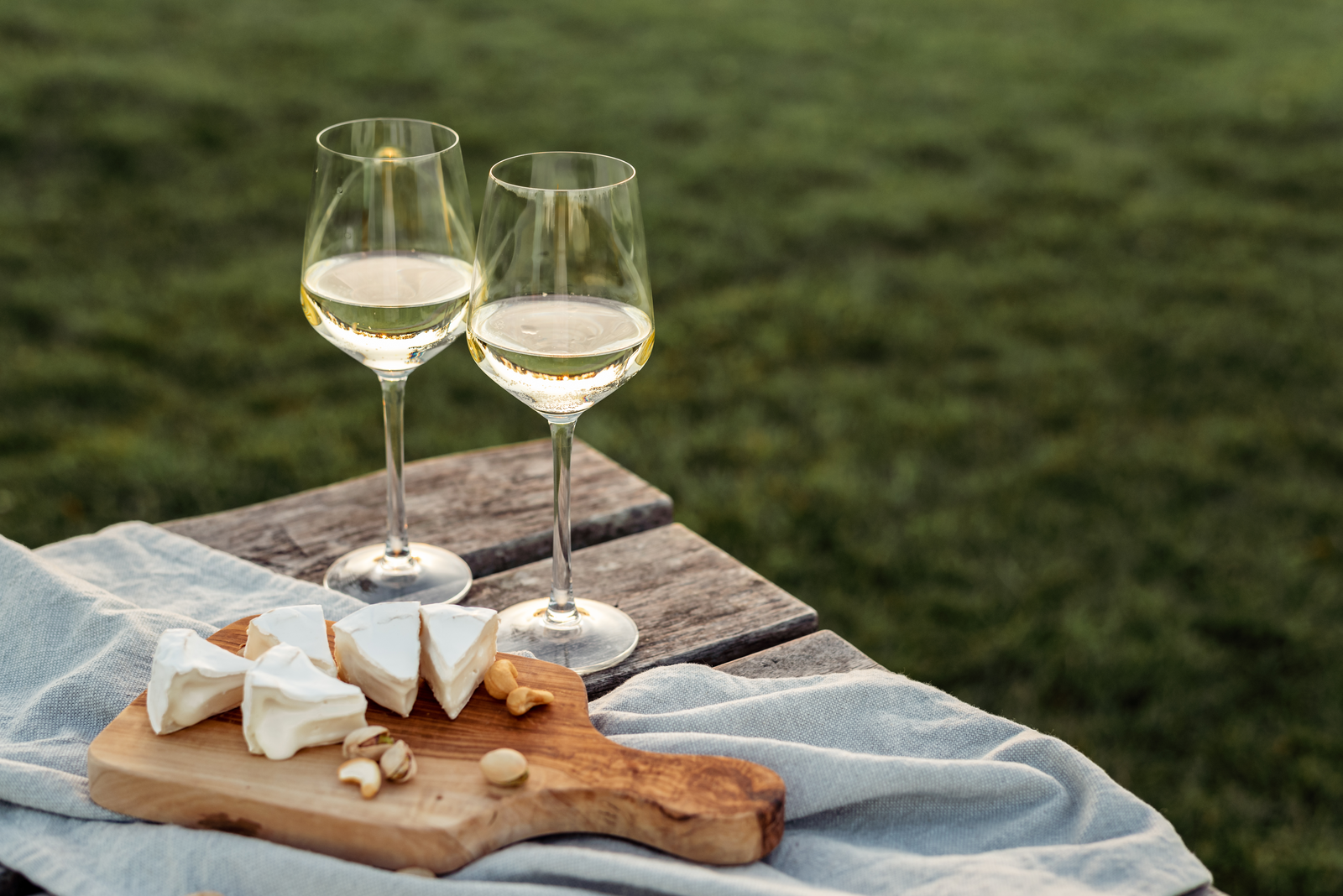 cheese and wine on a picnic table