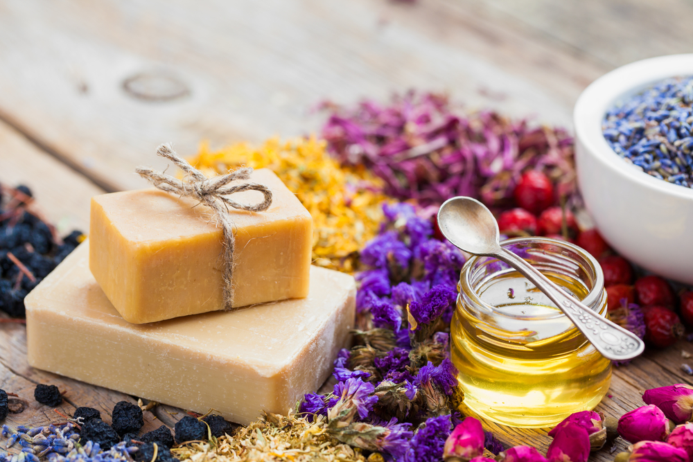 handmade soaps surrounded by dried flowers