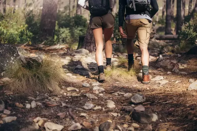 2 people hiking on a trail on a sunny day