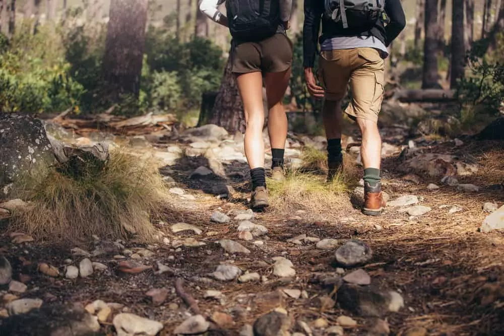 2 people hiking on a trail on a sunny day