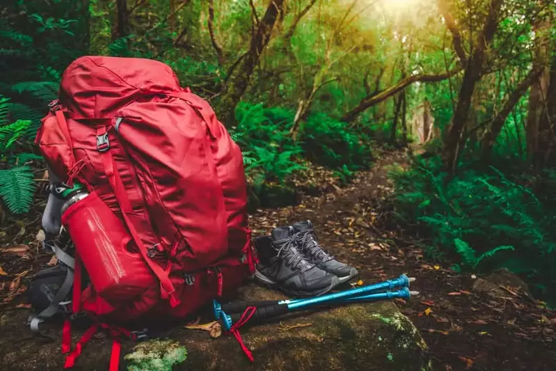 Red backpack, hiking shoes and hiking poles sitting on a trail in the Smoky Mountains