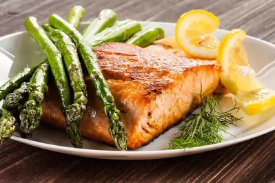 salmon and asparagus plate