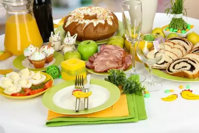 Delicious Easter dinner laid out on the table at a cabin rental in the mountains of North Carolina