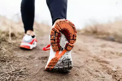 Close up of sneakers as someone hikes