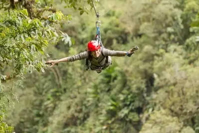 woman flying like superman on a zipline